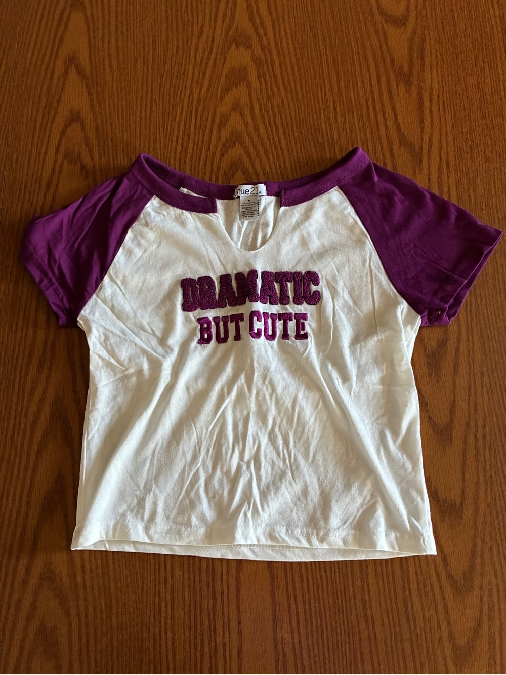 Rue21 White and Purple Raglan Crop Tee with 'Dramatic But Cute' Applique